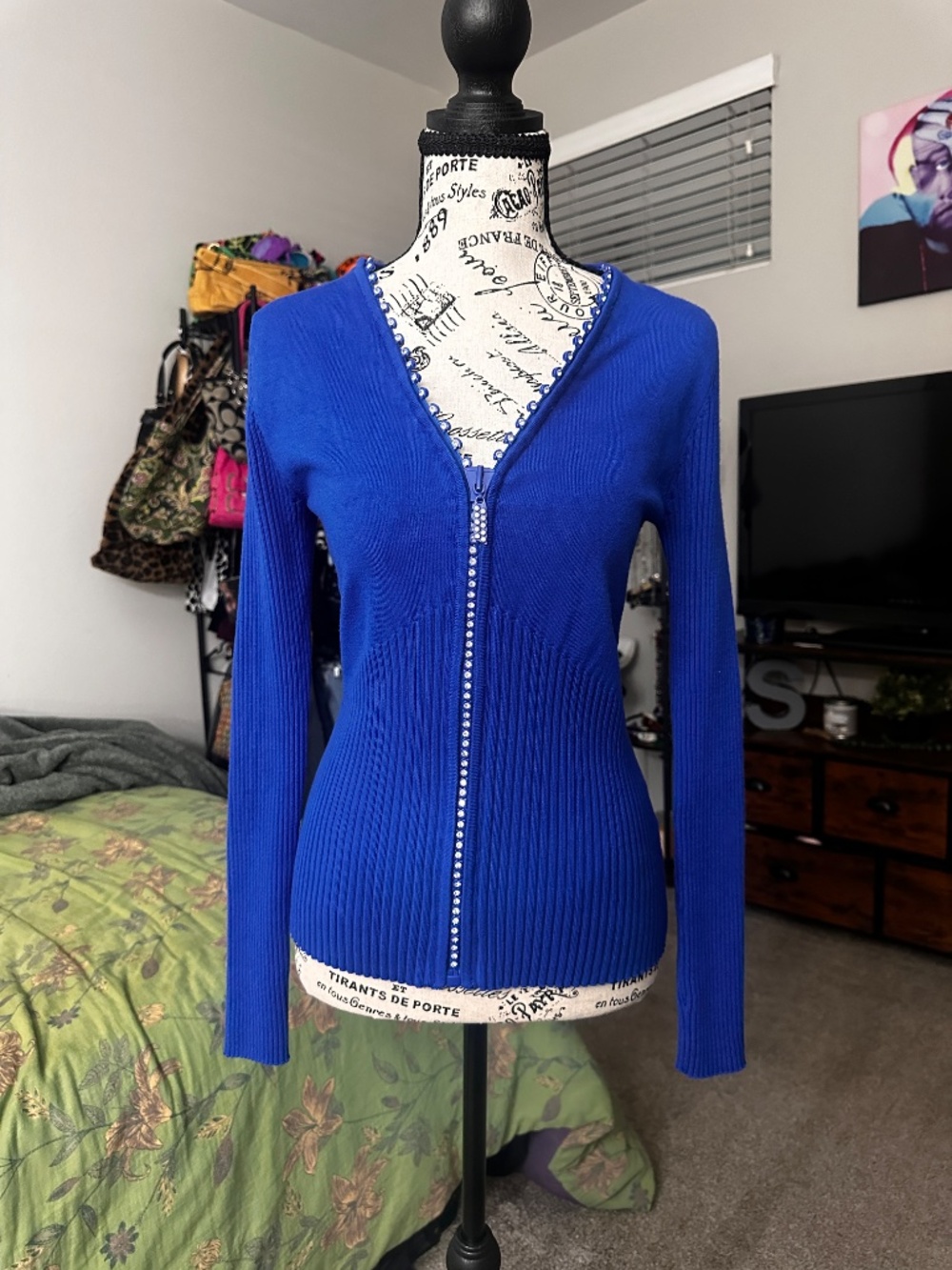 Iconic Belldini Blue European zip up skinny sweater with chunky rhinestone zippe